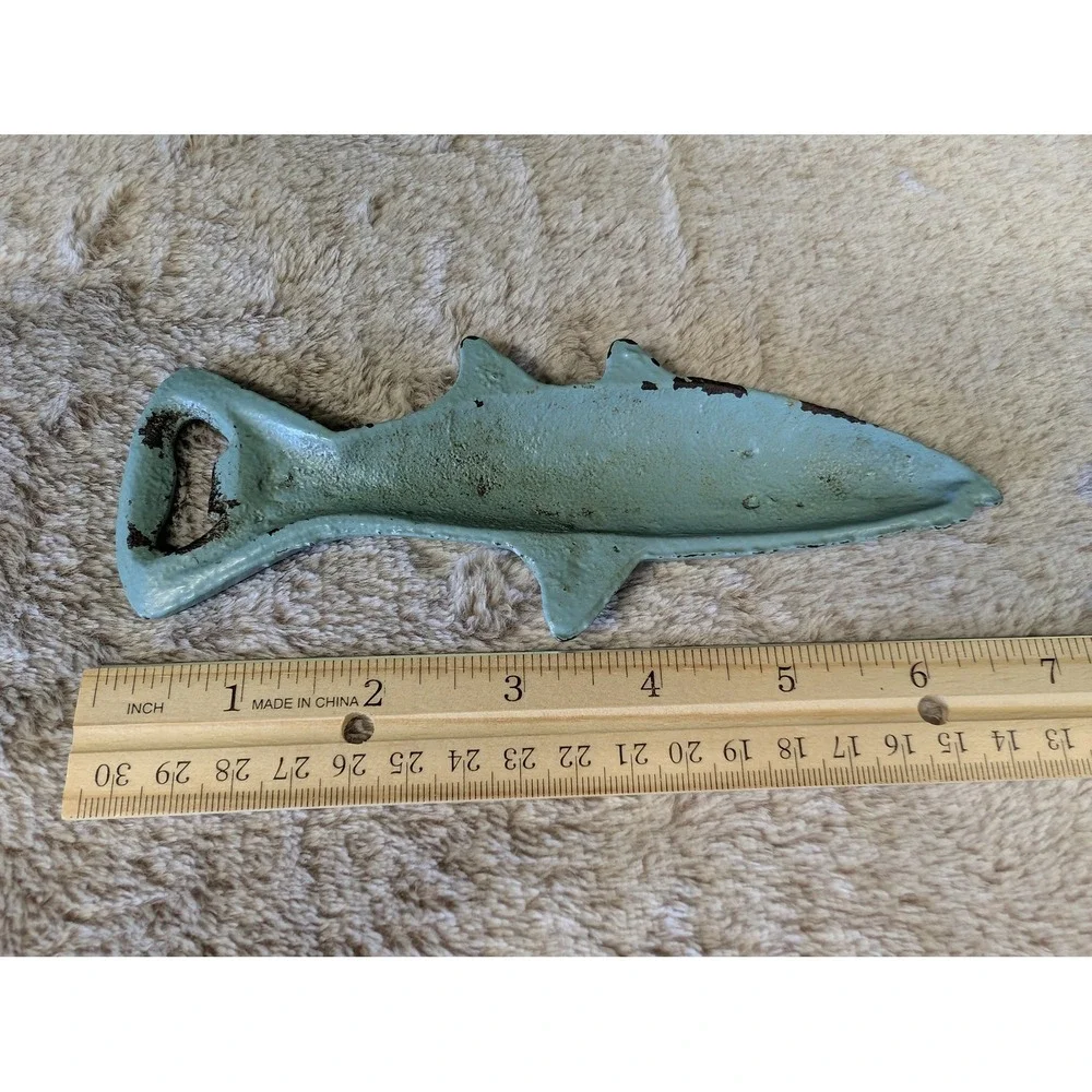 Vtg Style Painted Cast Iron Fish Bottle Opener Blue Aqua Nautical Bar Tool‎